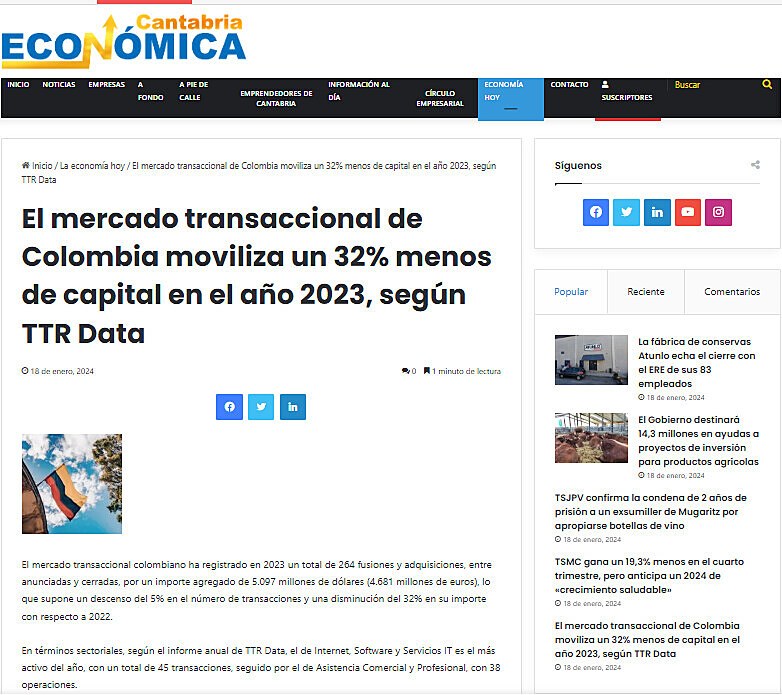 El mercado transaccional de Colombia moviliza un 32% menos de capital en el ao 2023, segn TTR Data